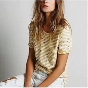 Free People Distressed Striped Yellow & White Oversized T-Shirt